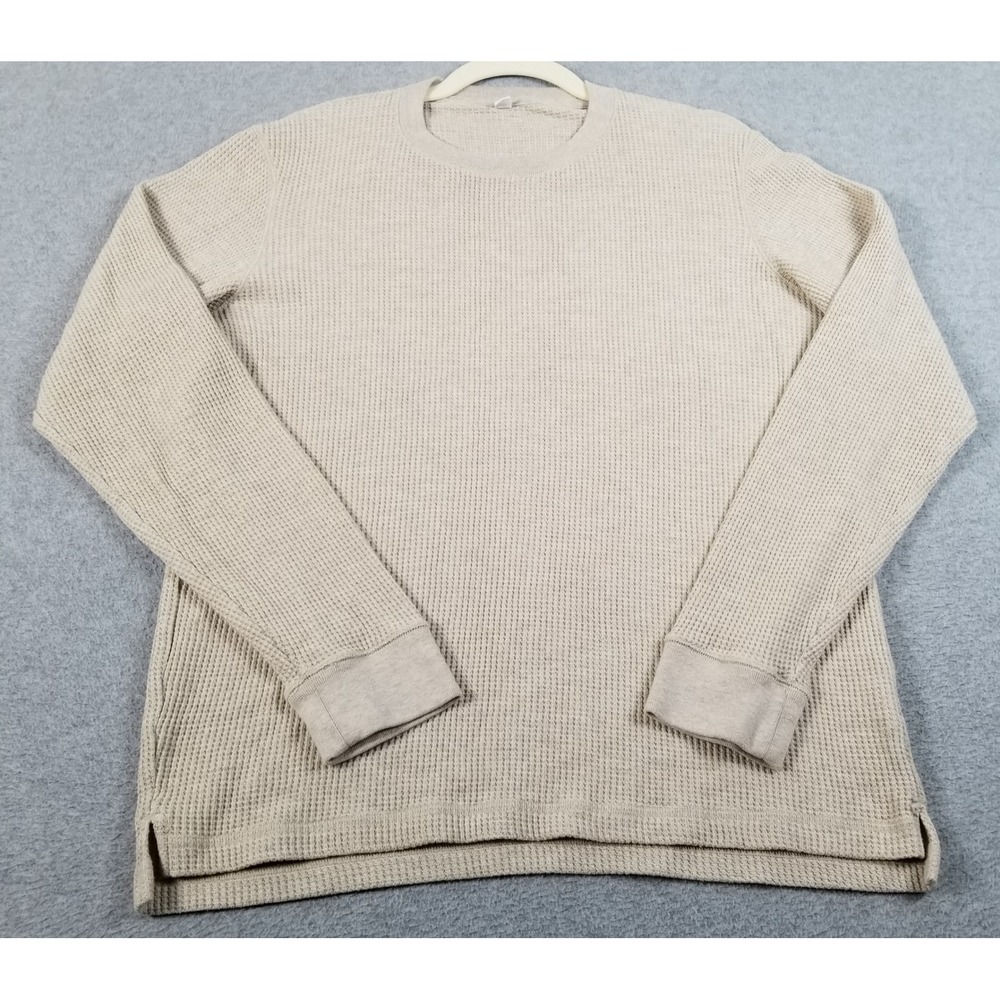 Uniqlo Waffle Knit Shirt Men M Medium Beige Thermal Long Sleeve Crew Neck Casual - Picture 1 of 10